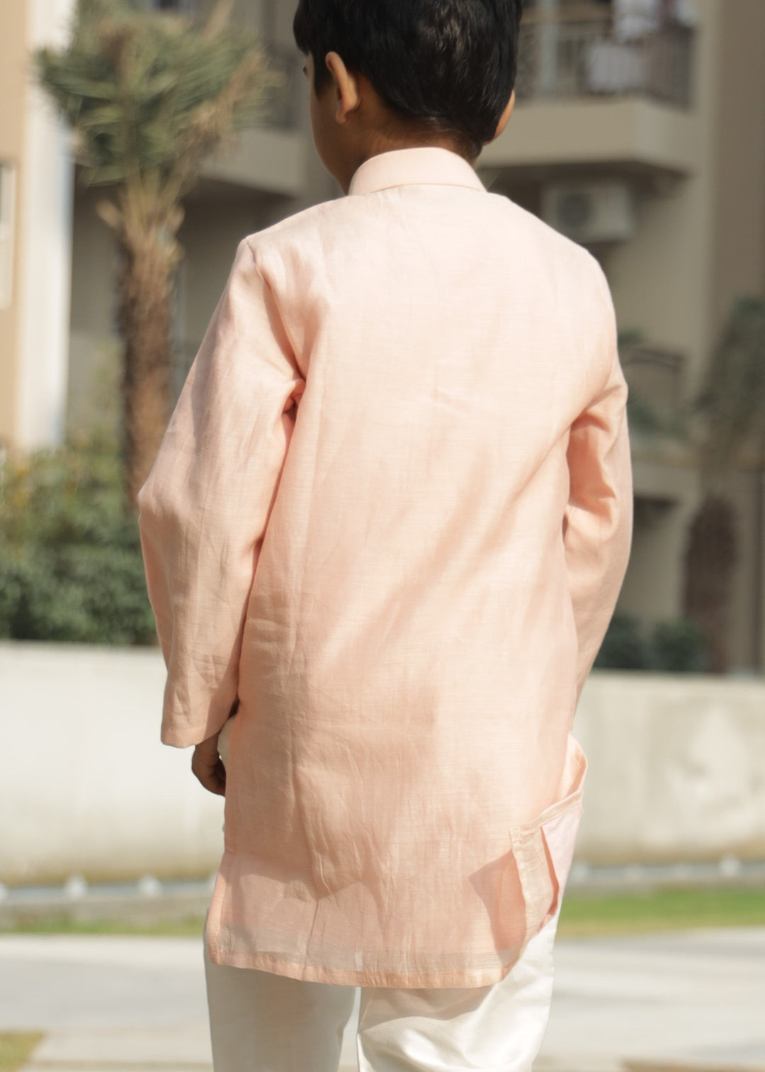 Peach Chanderi Pure Mul Kurta With Cotton Silk Off White Pant Set