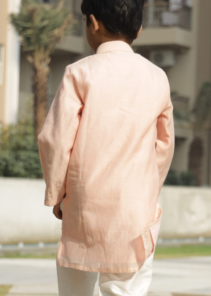 Peach Chanderi Pure Mul Kurta With Cotton Silk Off White Pant Set