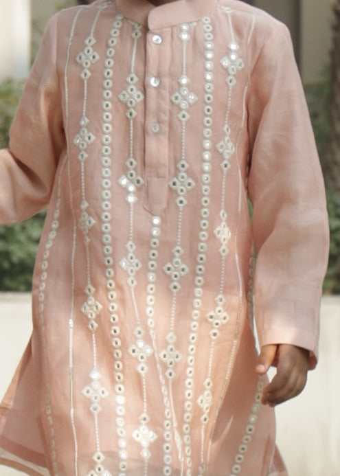 Peach Chanderi Pure Mul Kurta With Cotton Silk Off White Pant Set