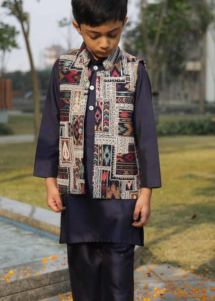 Multicolor Thread Embroidered Jacket With Dark Blue Kurta Pyjama Set