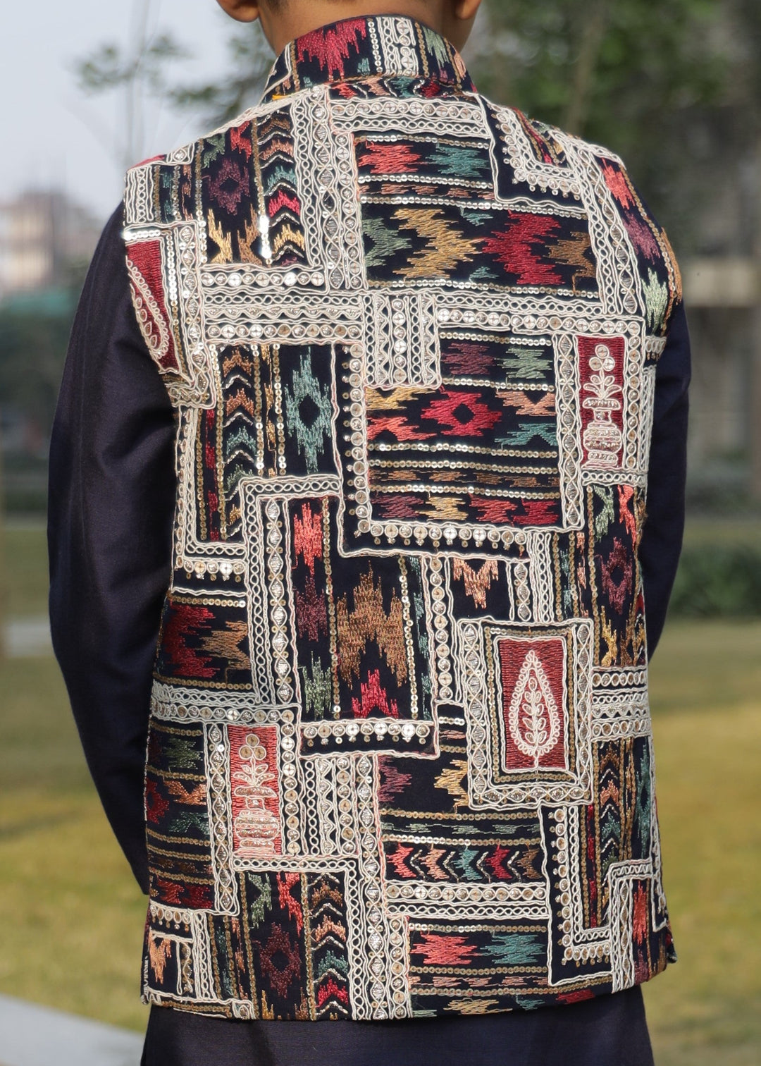 Multicolor Thread Embroidered Jacket With Dark Blue Kurta Pyjama Set