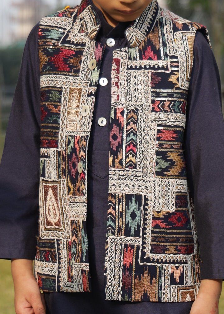 Multicolor Thread Embroidered Jacket With Dark Blue Kurta Pyjama Set