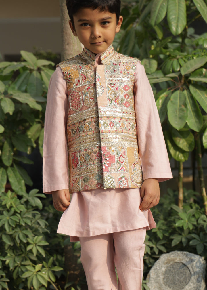 Pastel Pink Thread And Zari Embroidered Jacket With Kurta Pyjama Set