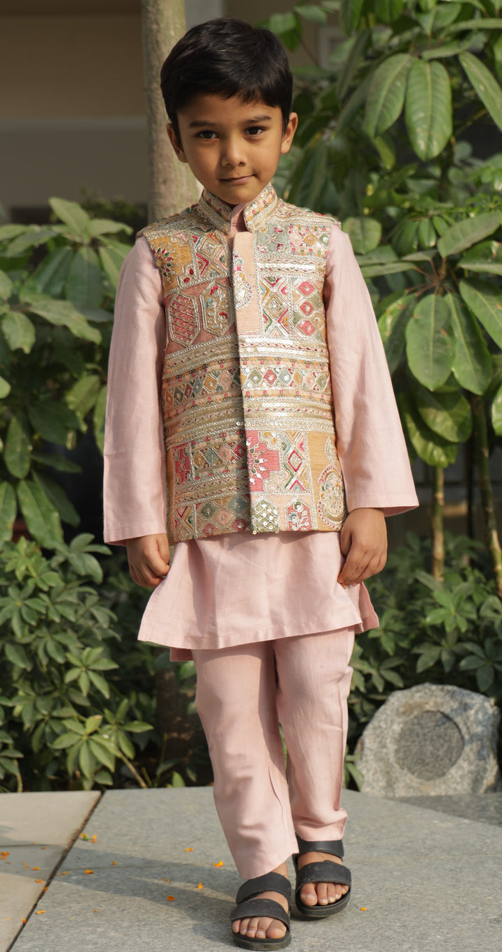Pastel Pink Thread And Zari Embroidered Jacket With Kurta Pyjama Set