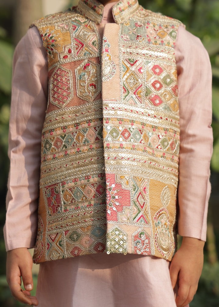 Pastel Pink Thread And Zari Embroidered Jacket With Kurta Pyjama Set