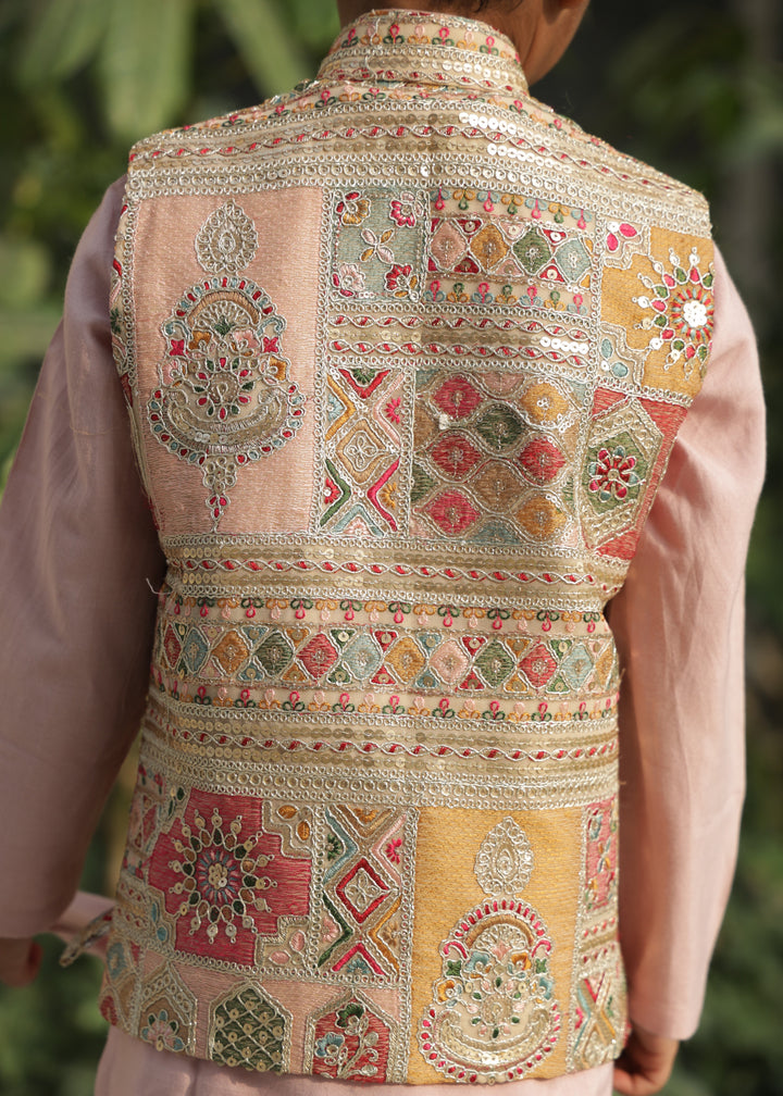Pastel Pink Thread And Zari Embroidered Jacket With Kurta Pyjama Set