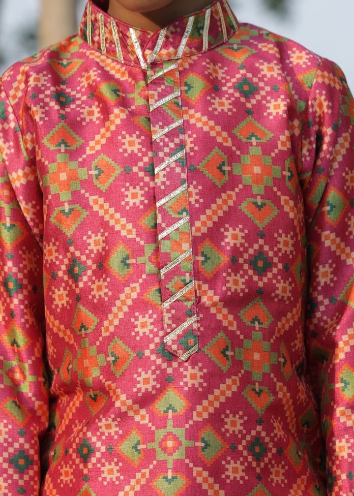 Pink Cotton Silk Patola Printed Gota Detailing Kurta With Pant Set