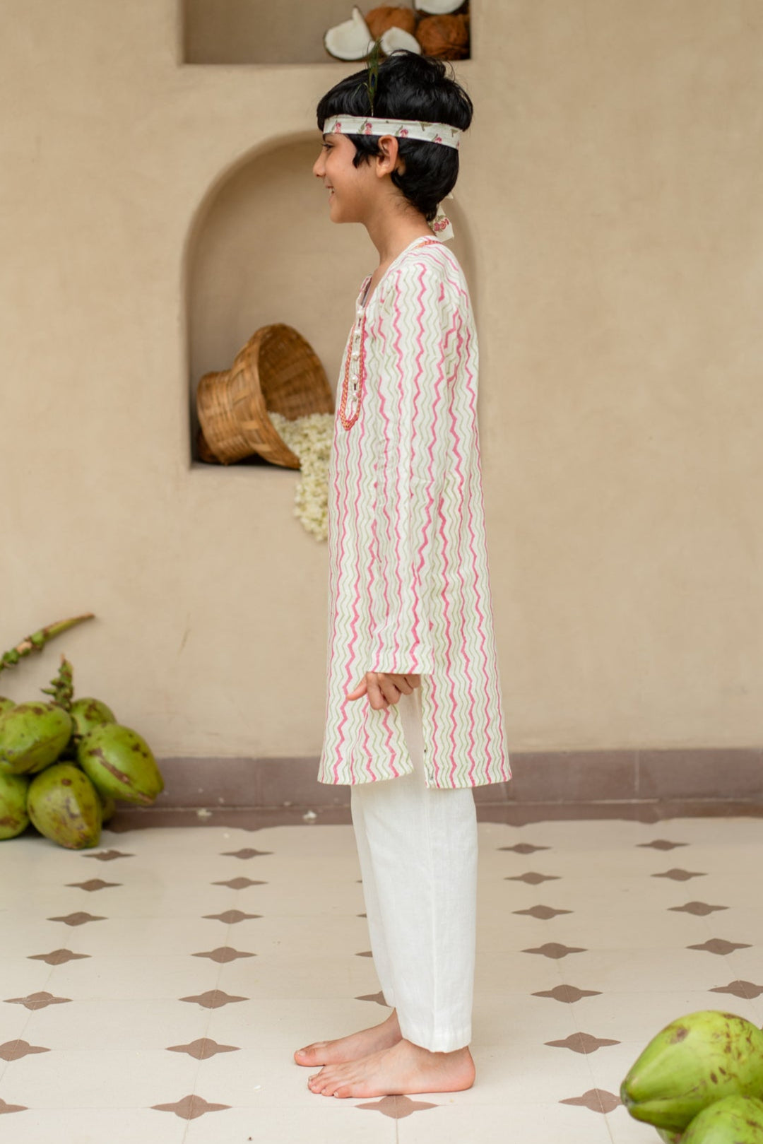 White Cotton Printed Chevron Kurta With Pyjama Set
