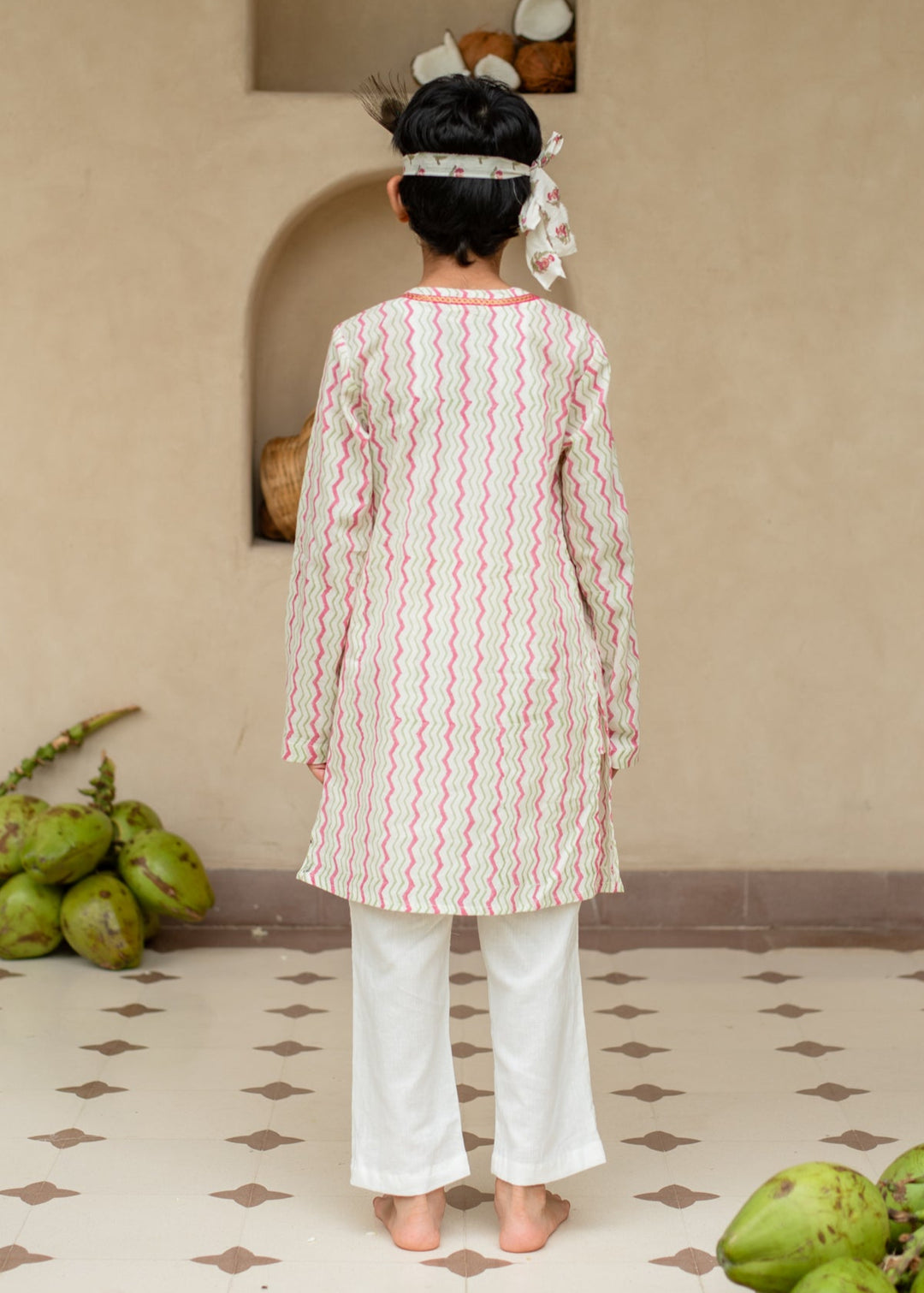 White Cotton Printed Chevron Kurta With Pyjama Set