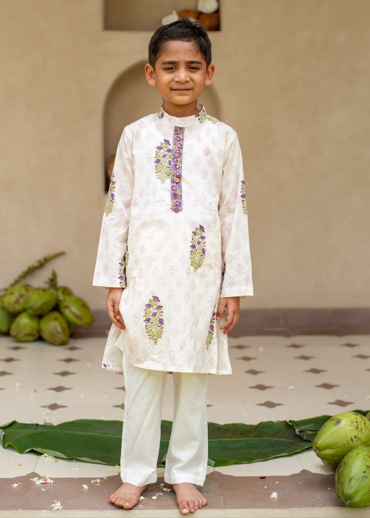 White Cotton Printed Jamuni Kurta With Pyjama Set