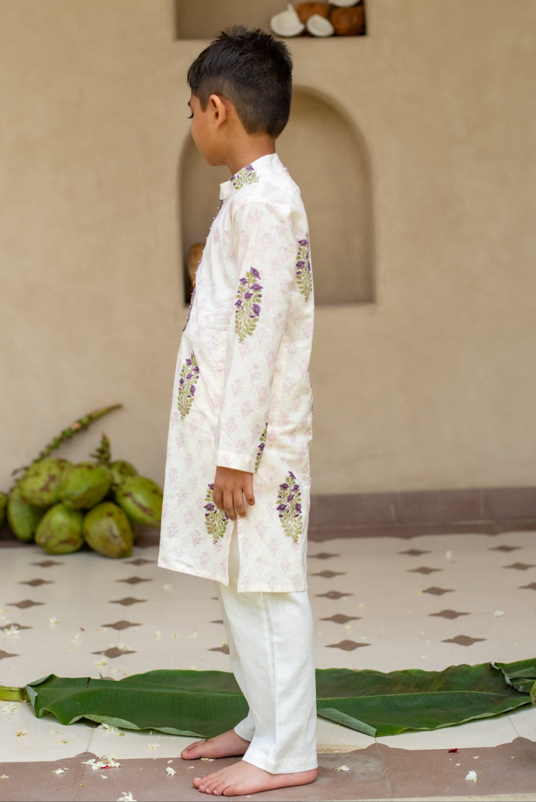 White Cotton Printed Jamuni Kurta With Pyjama Set