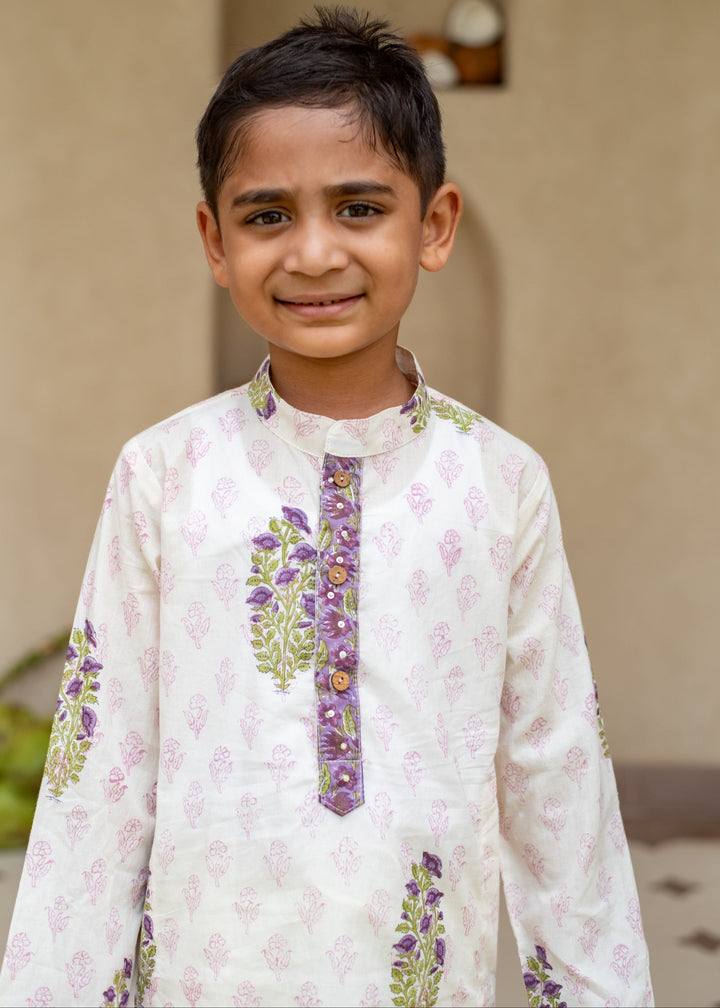 White Cotton Printed Jamuni Kurta With Pyjama Set