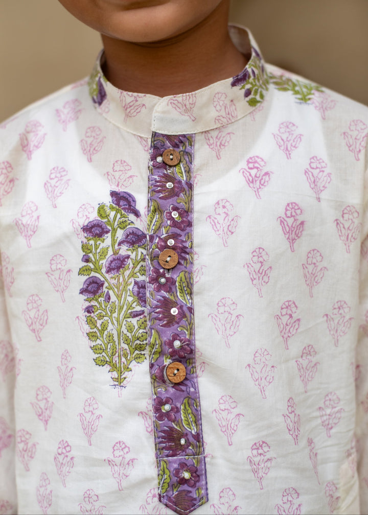White Cotton Printed Jamuni Kurta With Pyjama Set