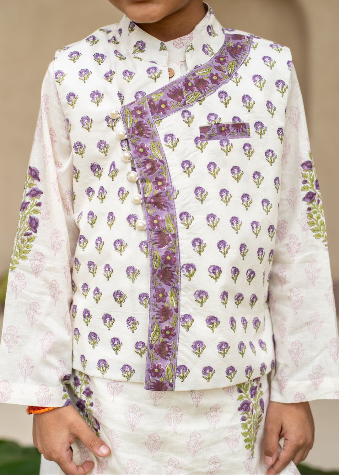 Purple Cotton Printed Jamuni Buti Kurta With Dhoti Set