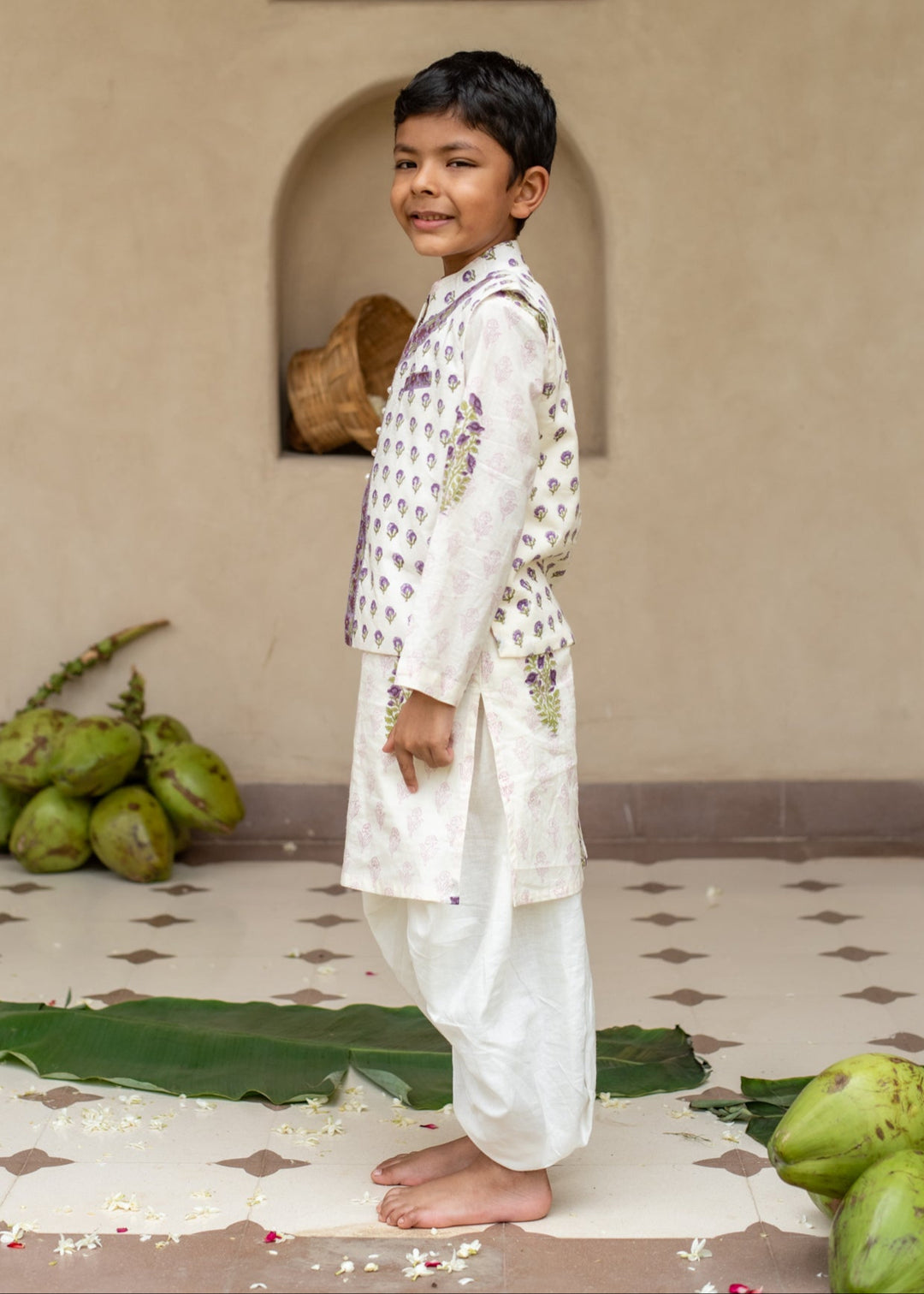 Purple Cotton Printed Jamuni Buti Kurta With Dhoti Set