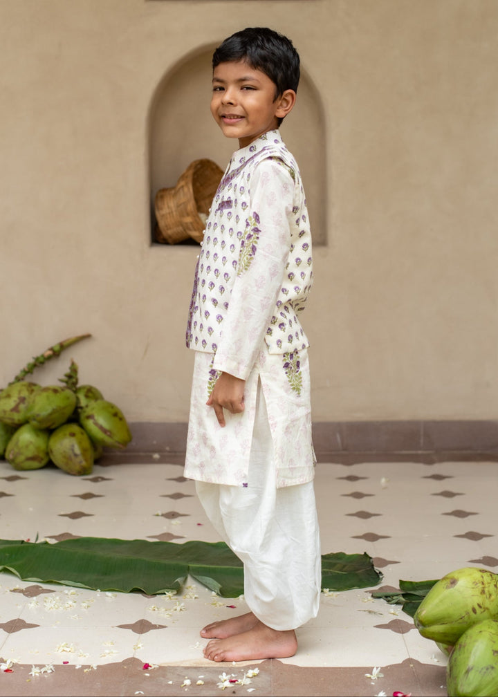 Purple Cotton Printed Jamuni Buti Kurta With Dhoti Set