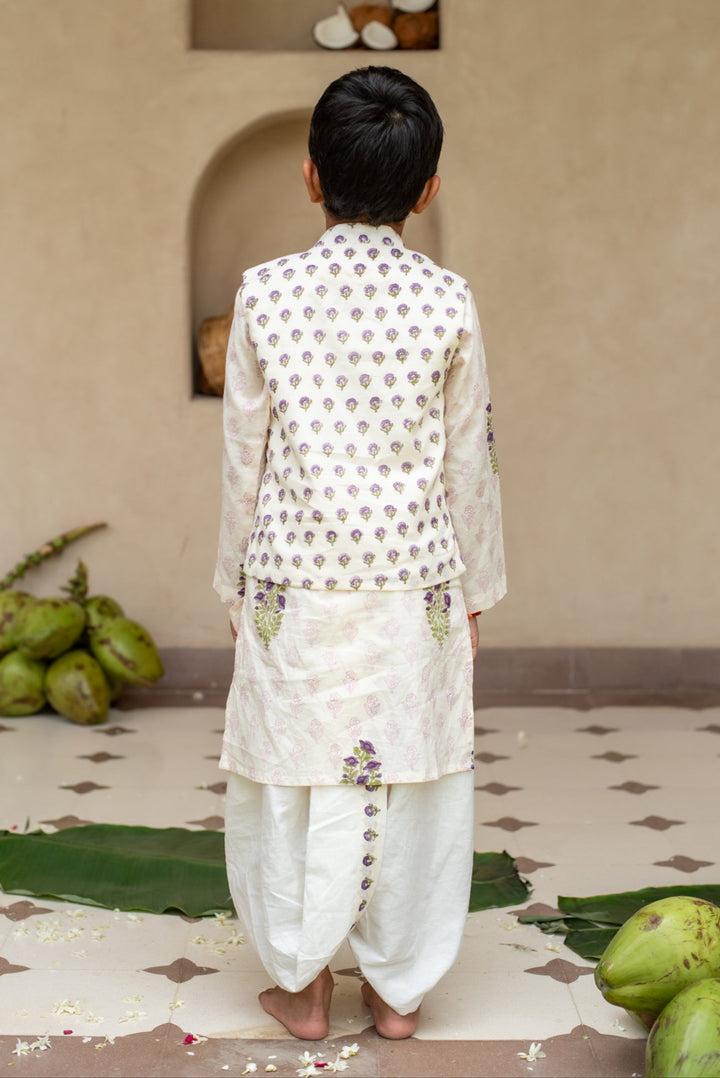 Purple Cotton Printed Jamuni Buti Kurta With Dhoti Set