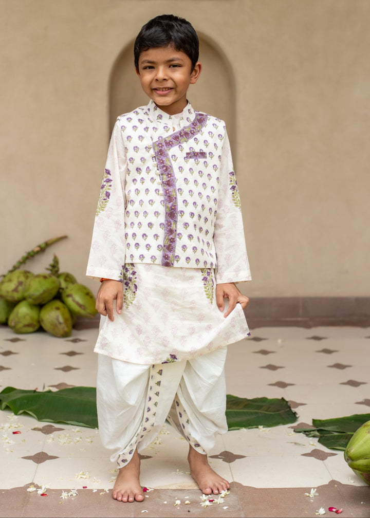 Purple Cotton Printed Jamuni Buti Kurta With Dhoti Set