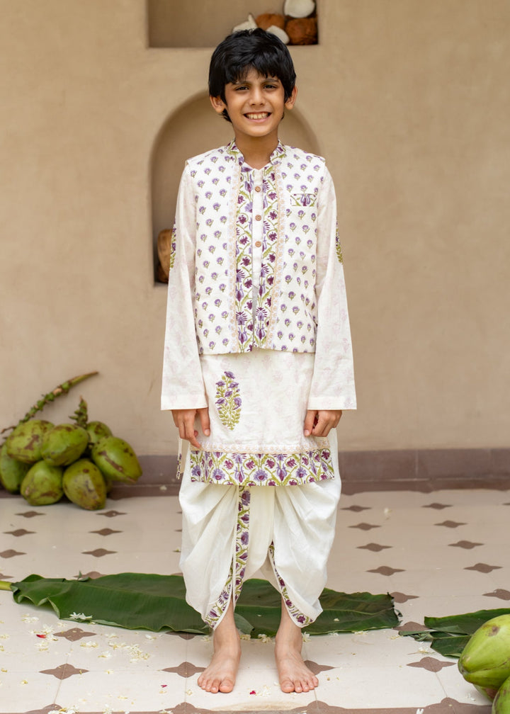 Purple Floral Printed Kurta With Nehru Jacket And Dhoti Set