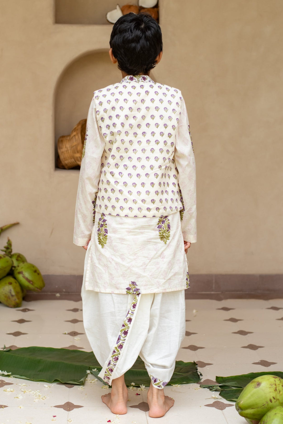 Purple Floral Printed Kurta With Nehru Jacket And Dhoti Set