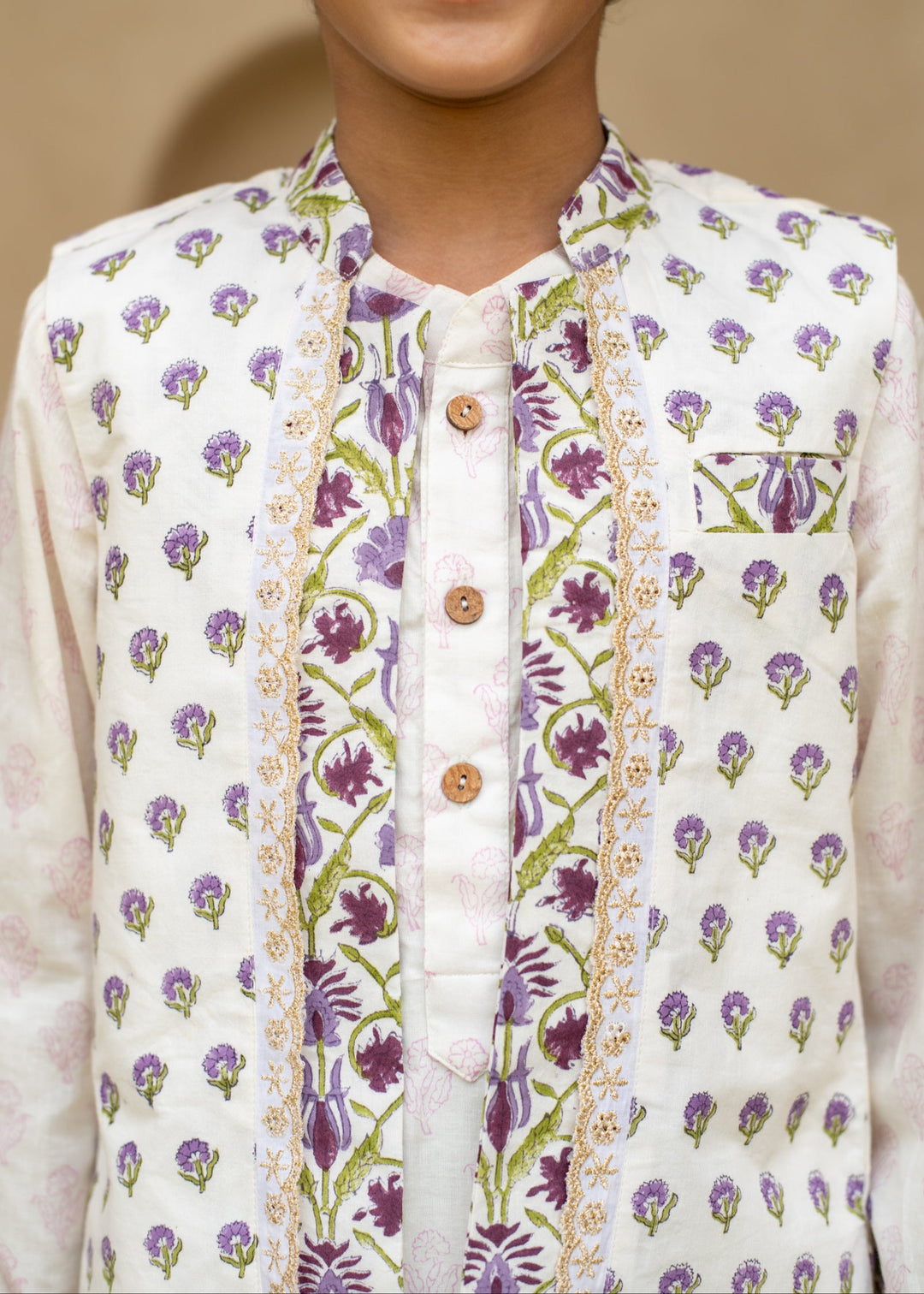 Purple Floral Printed Kurta With Nehru Jacket And Dhoti Set