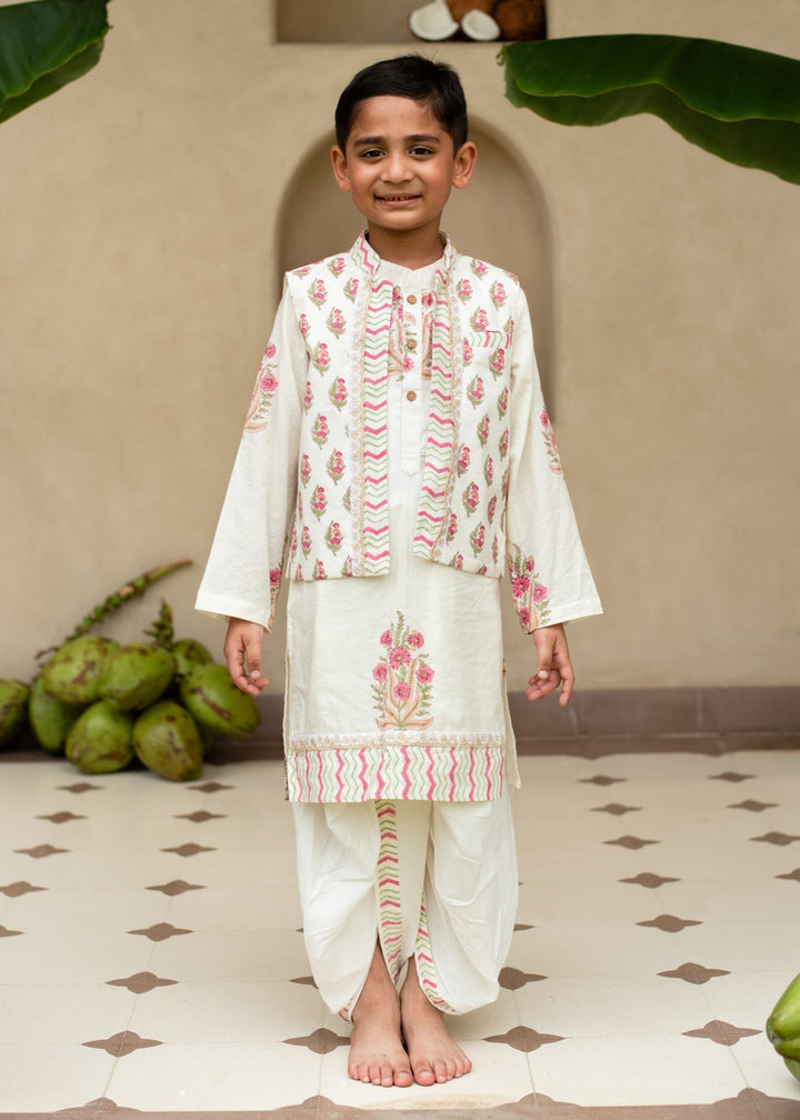 Off White And Red Floral Printed Kurta With Nehru Jacket And Dhoti Set