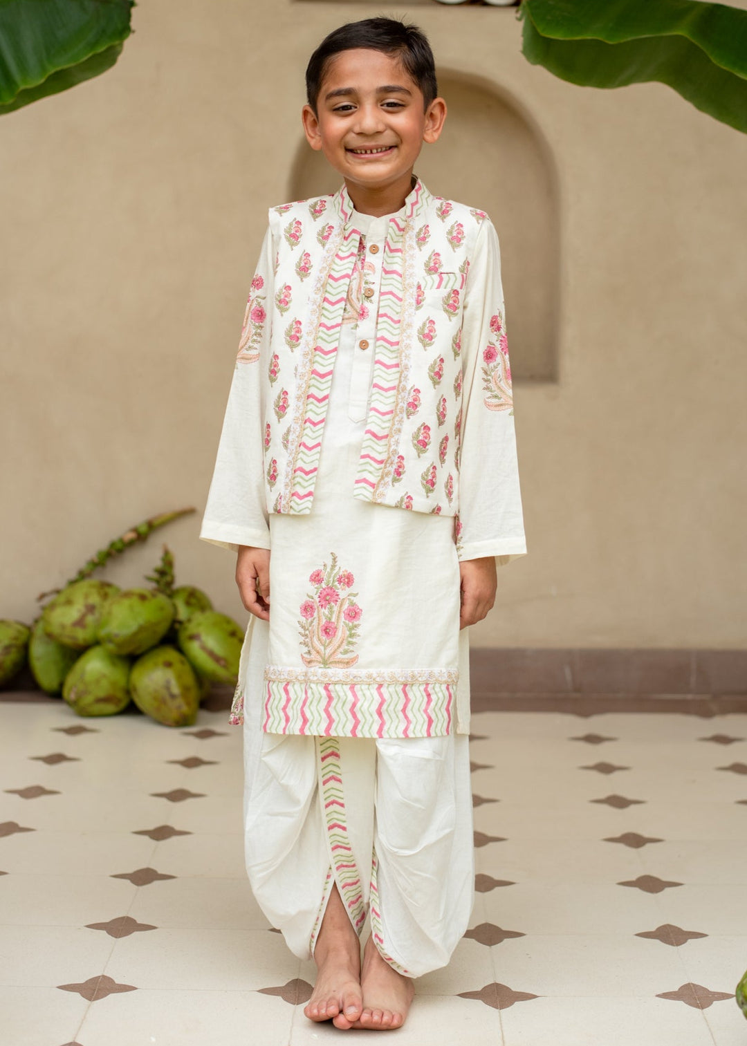 Off White And Red Floral Printed Kurta With Nehru Jacket And Dhoti Set