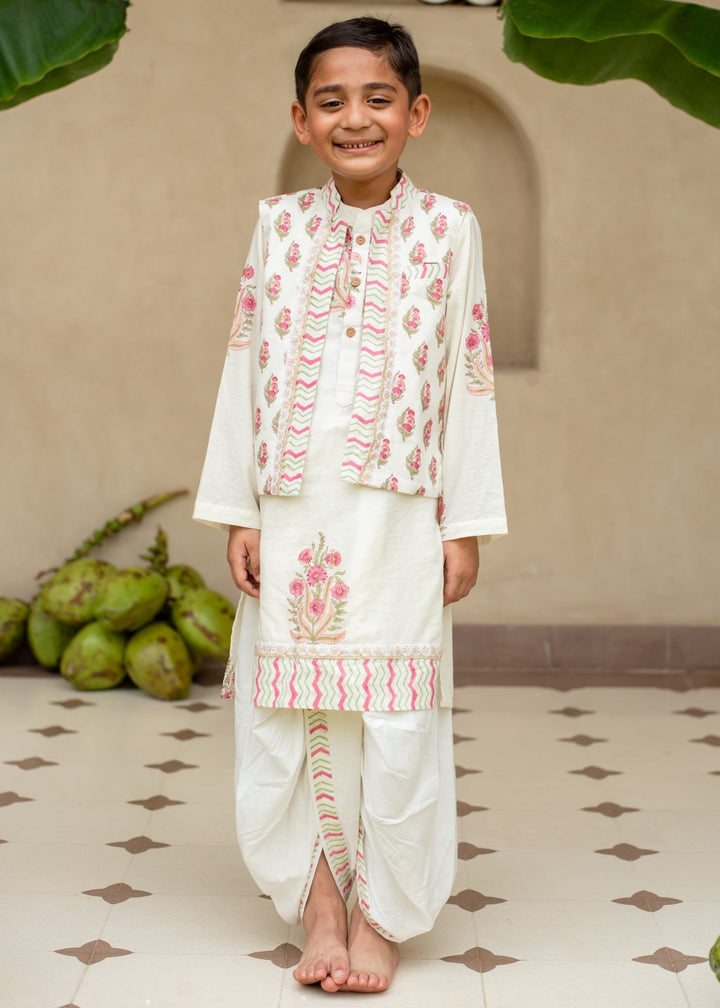 Off White And Red Floral Printed Kurta With Nehru Jacket And Dhoti Set
