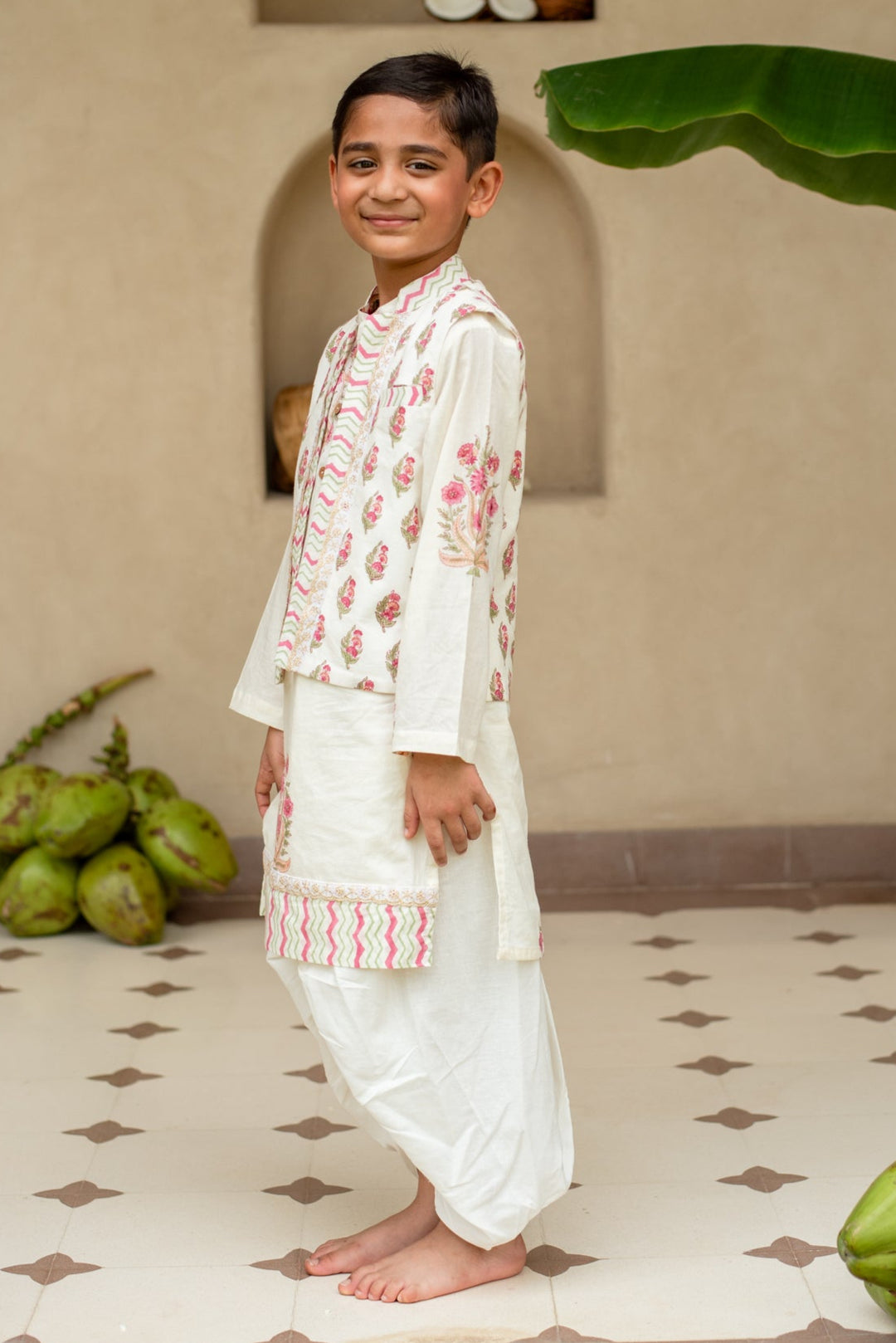 Off White And Red Floral Printed Kurta With Nehru Jacket And Dhoti Set