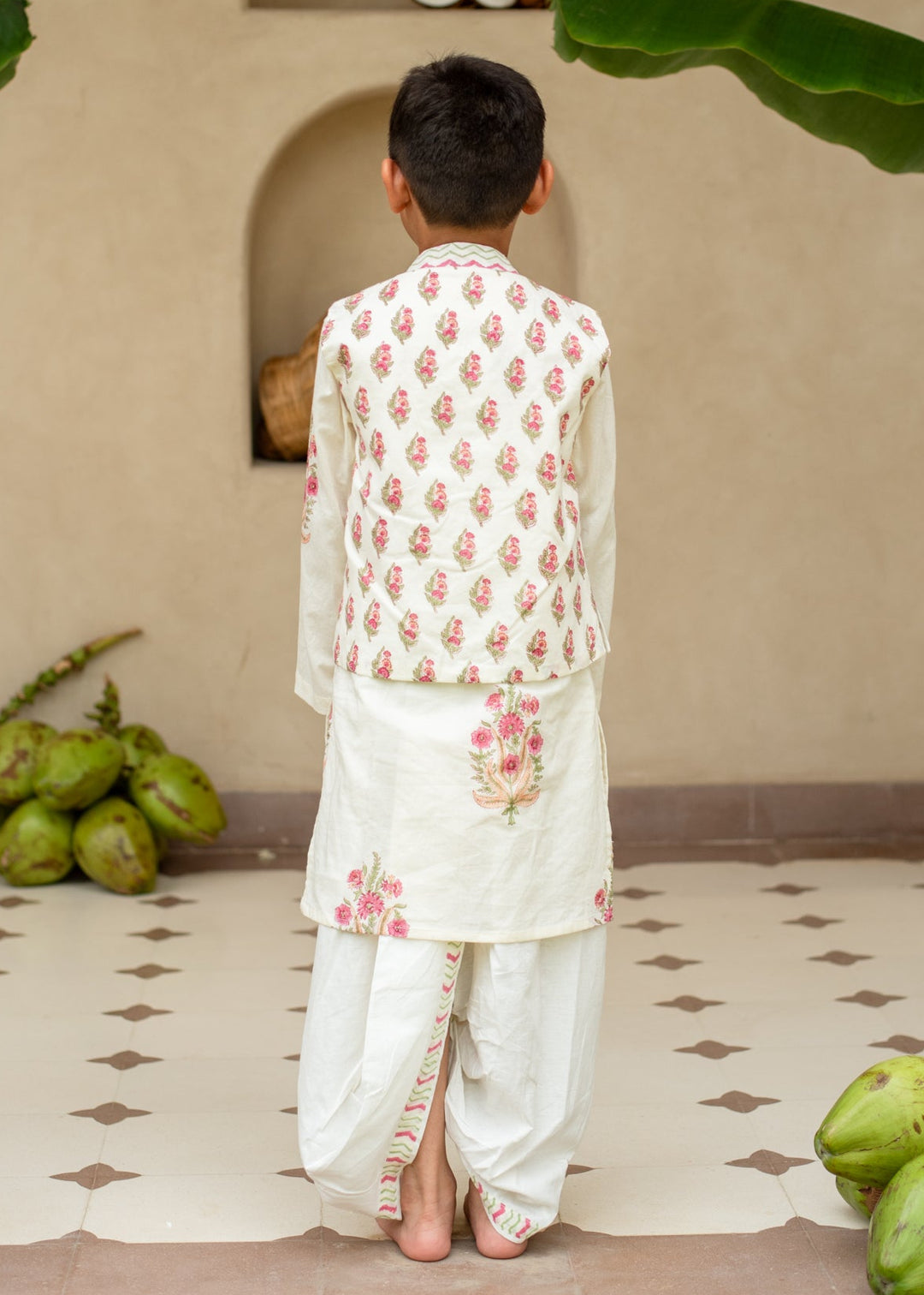 Off White And Red Floral Printed Kurta With Nehru Jacket And Dhoti Set