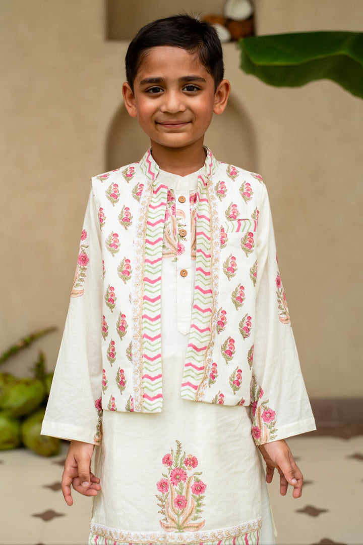 Off White And Red Floral Printed Kurta With Nehru Jacket And Dhoti Set
