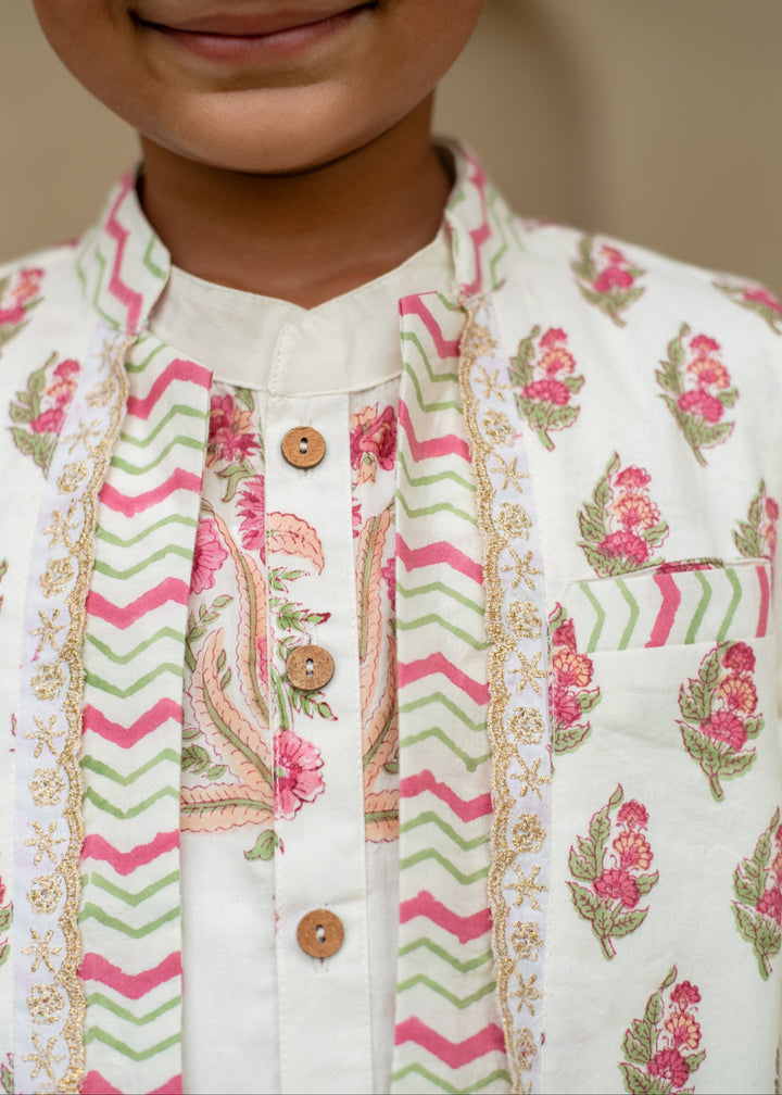 Off White And Red Floral Printed Kurta With Nehru Jacket And Dhoti Set