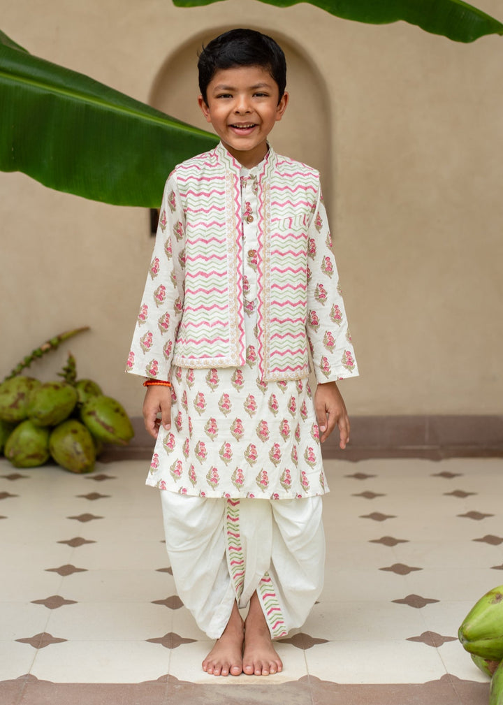 Off White Manika Chevron Kurta With Nehru Jacket And Dhoti Set