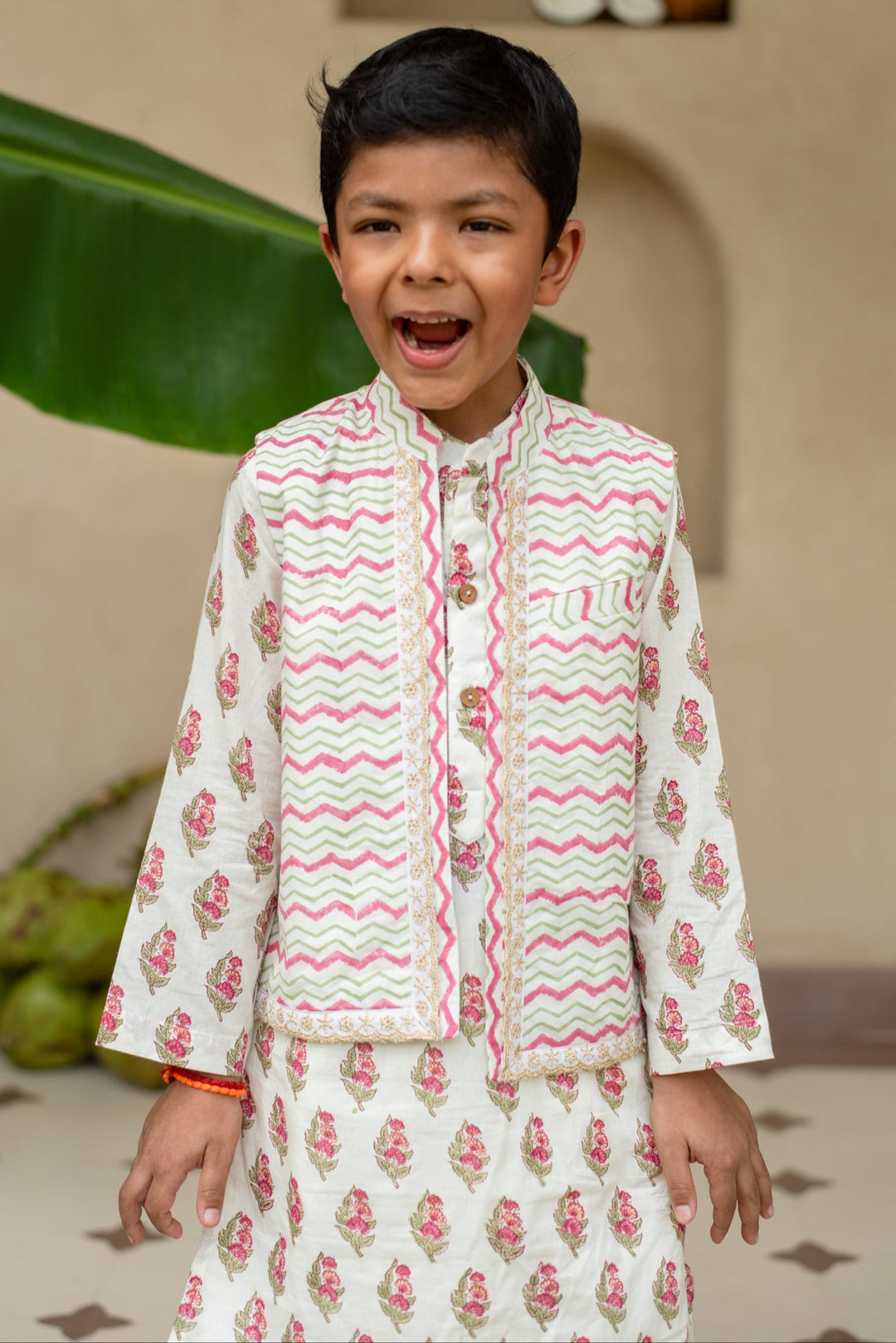 Off White Manika Chevron Kurta With Nehru Jacket And Dhoti Set
