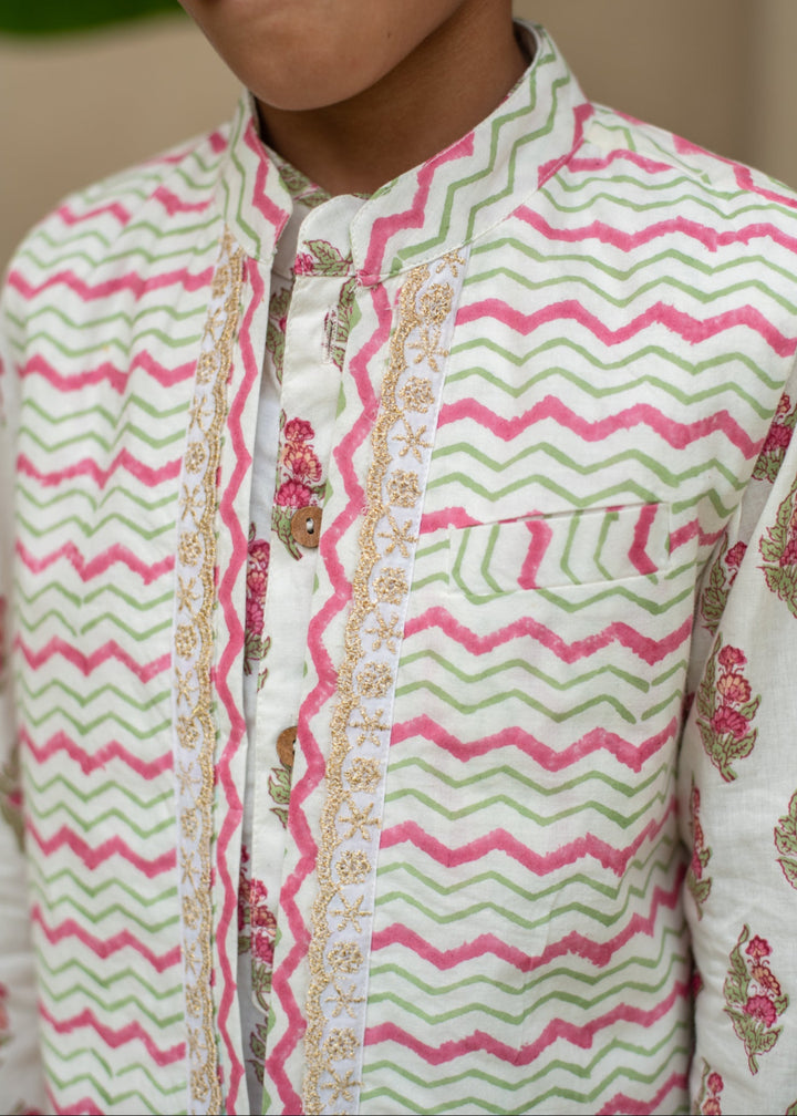 Off White Manika Chevron Kurta With Nehru Jacket And Dhoti Set