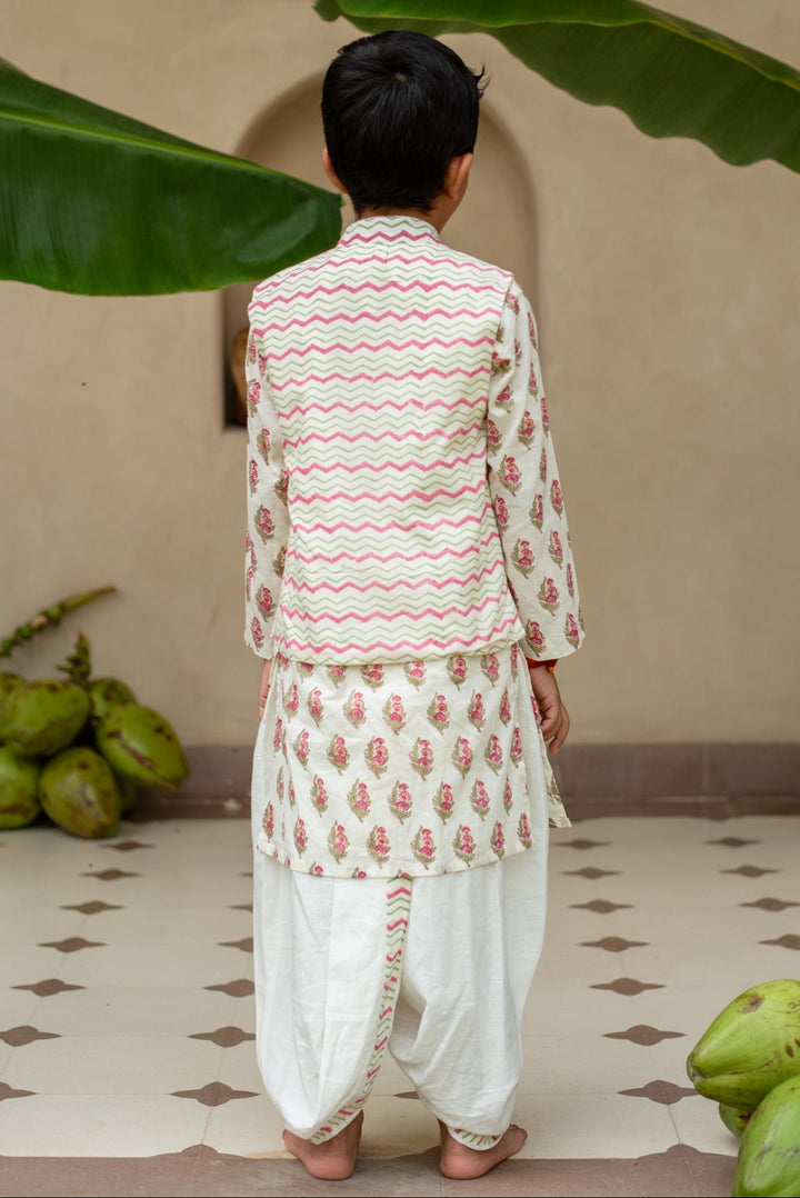 Off White Manika Chevron Kurta With Nehru Jacket And Dhoti Set