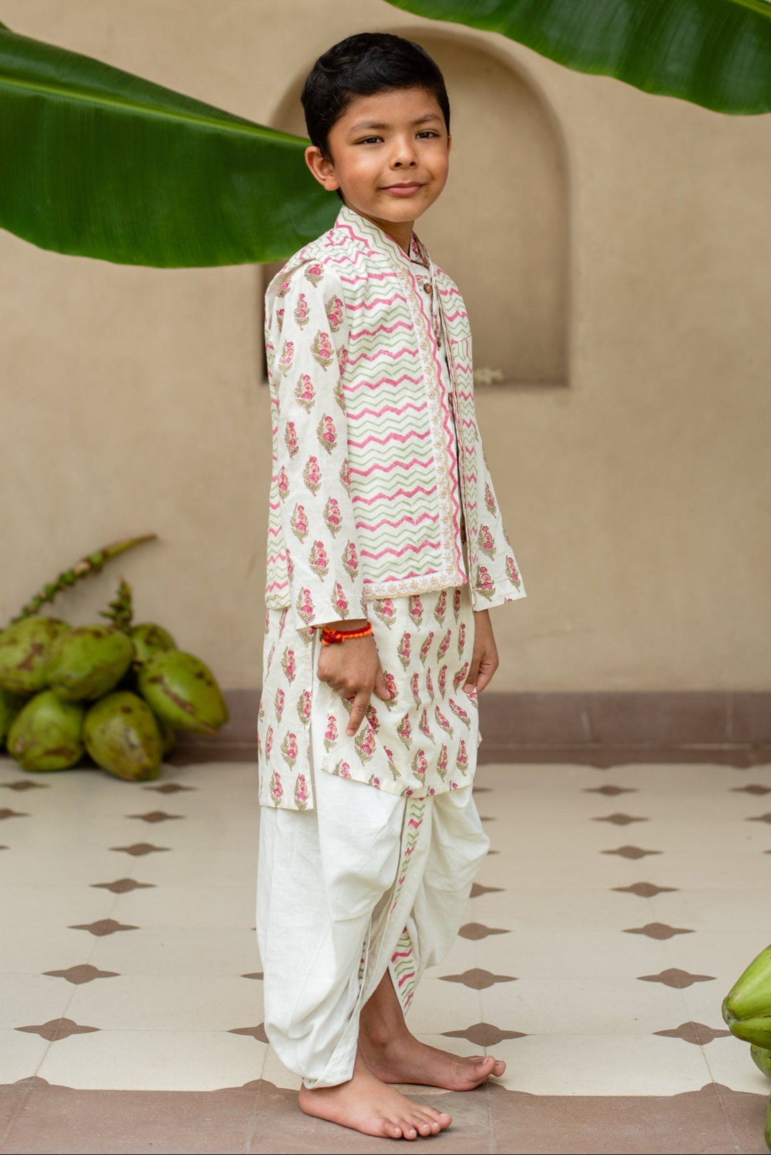 Off White Manika Chevron Kurta With Nehru Jacket And Dhoti Set