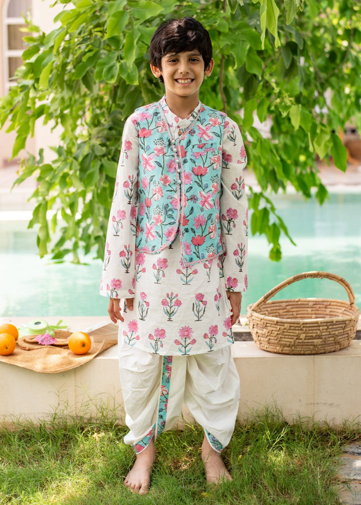 White And Blue Floral Printed Kurta With Nehru Jacket And Dhoti Set