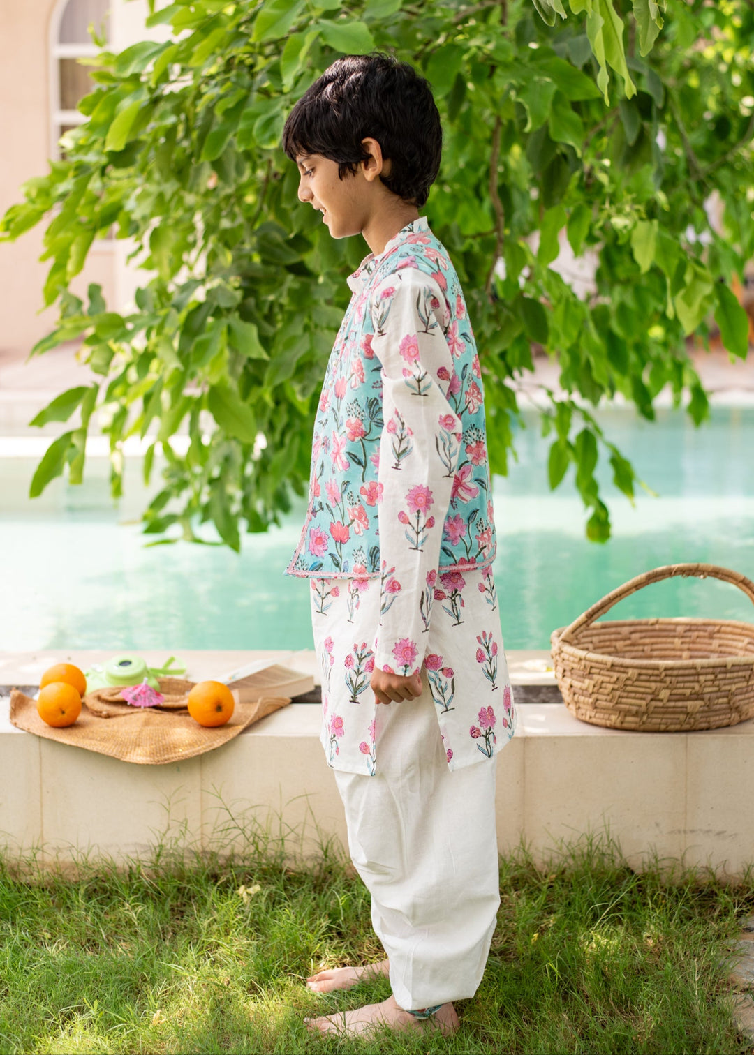 White And Blue Floral Printed Kurta With Nehru Jacket And Dhoti Set