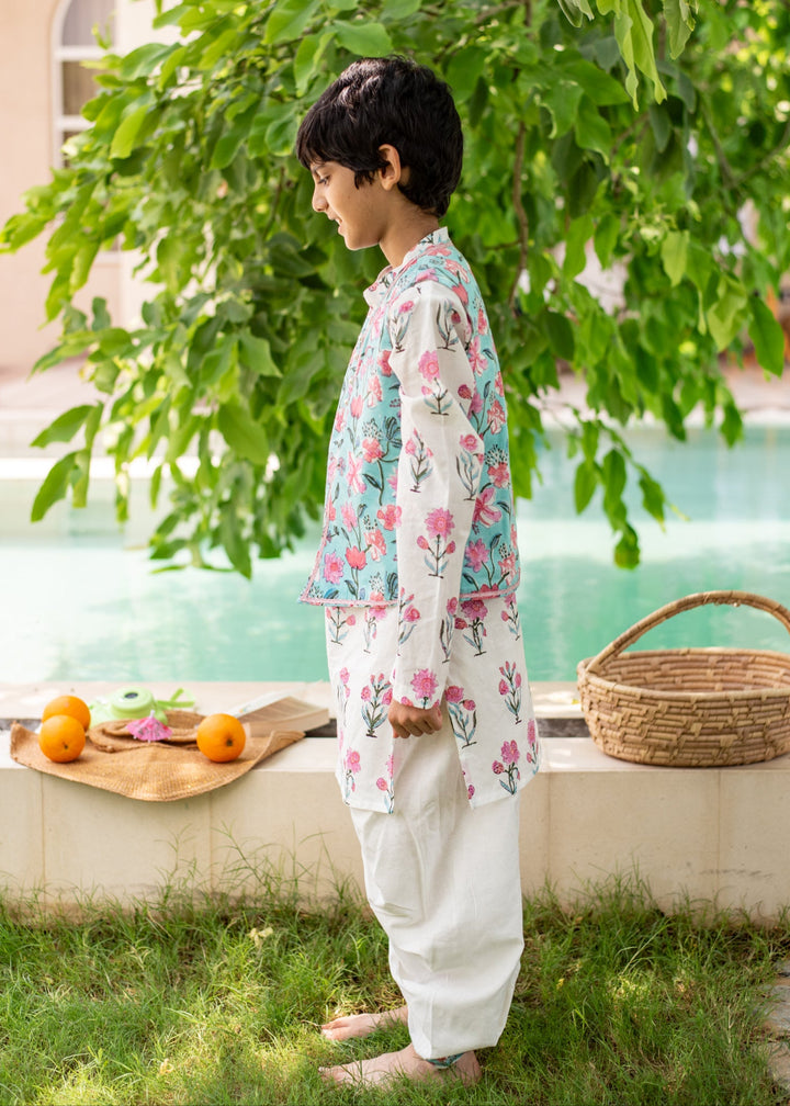 White And Blue Floral Printed Kurta With Nehru Jacket And Dhoti Set