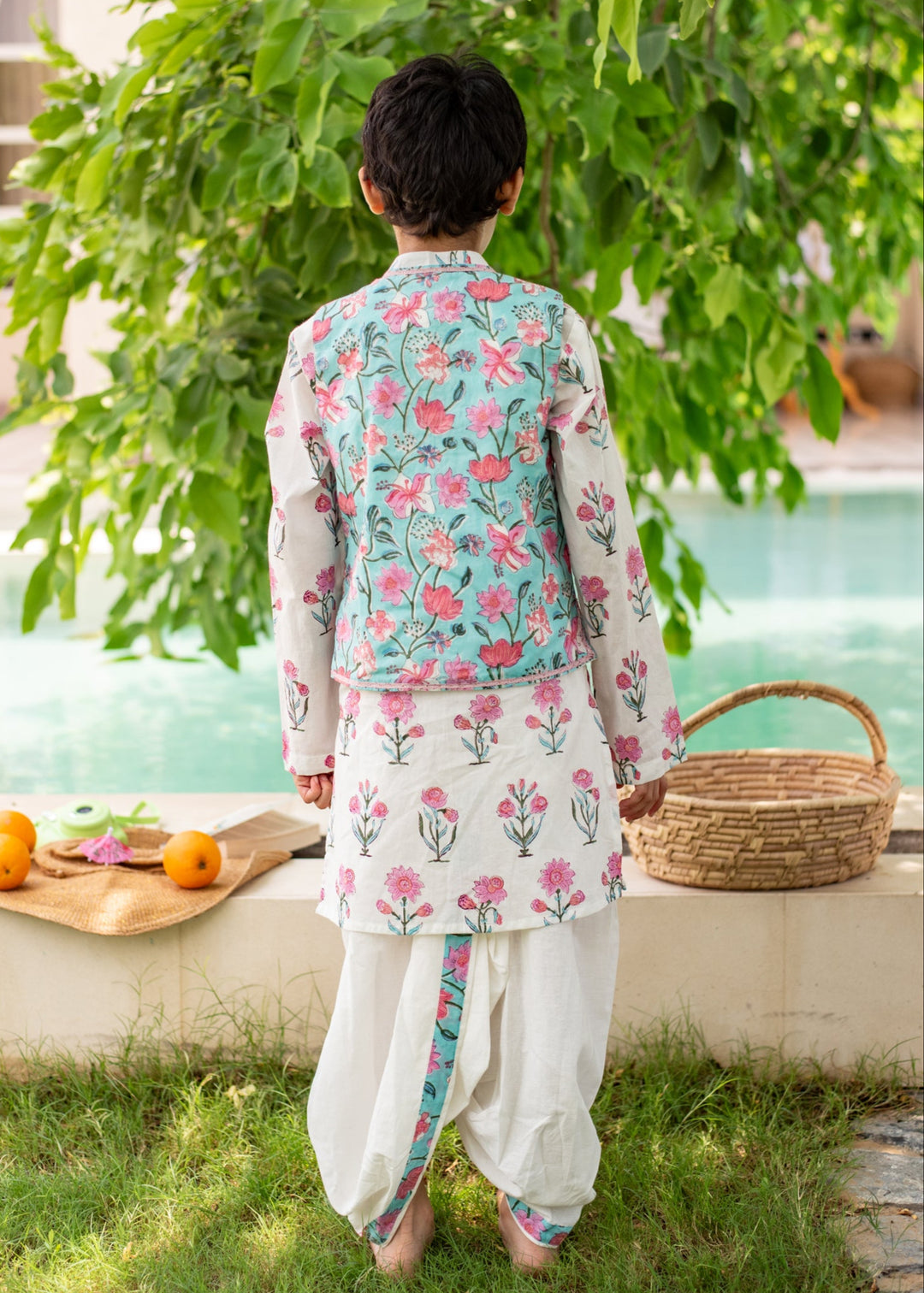 White And Blue Floral Printed Kurta With Nehru Jacket And Dhoti Set