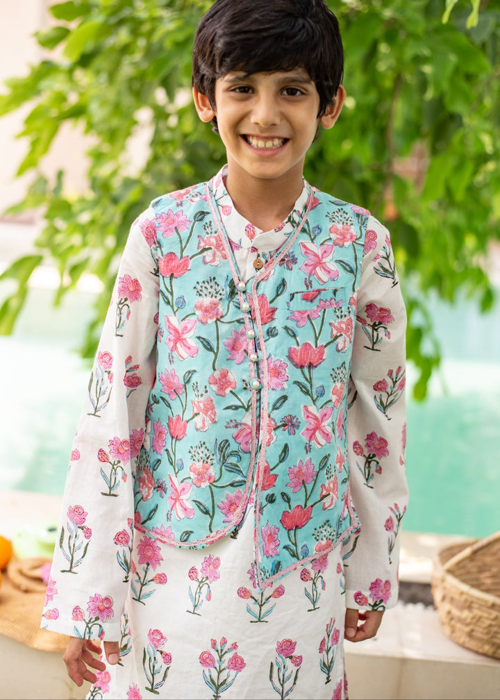 White And Blue Floral Printed Kurta With Nehru Jacket And Dhoti Set