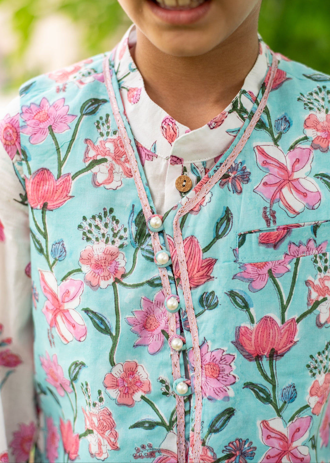 White And Blue Floral Printed Kurta With Nehru Jacket And Dhoti Set