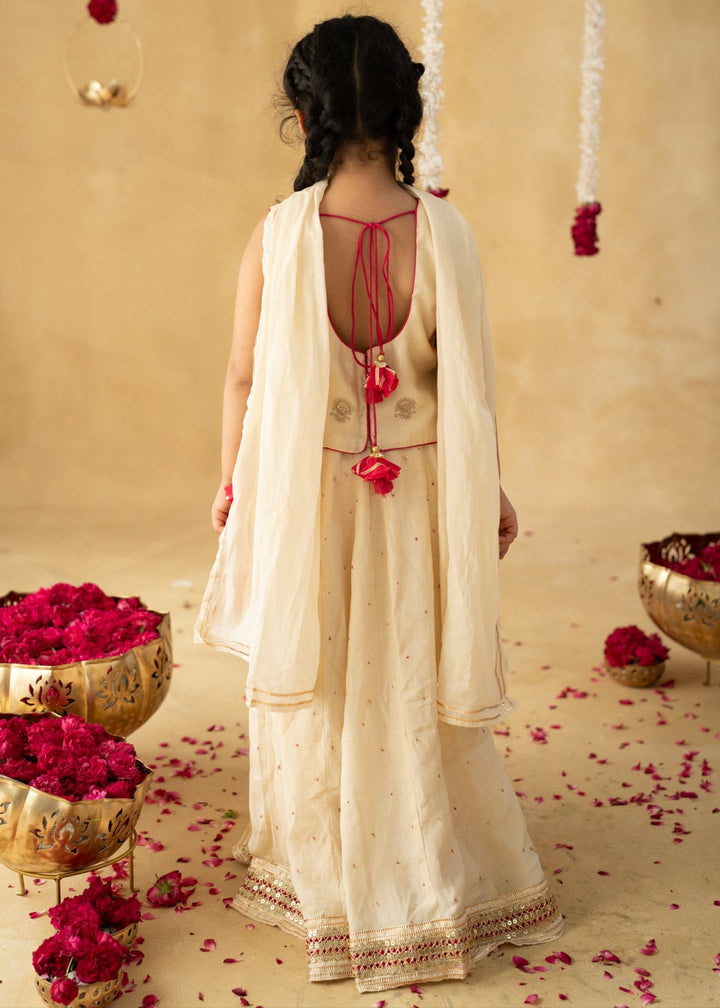 Off White Gulnoor Zari Embroidery Gota Detailing Top With Lehenga Set