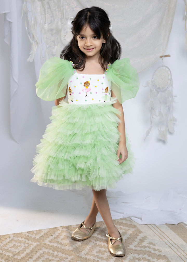 Light Green Ballerina With Net Frilled Flared Dress