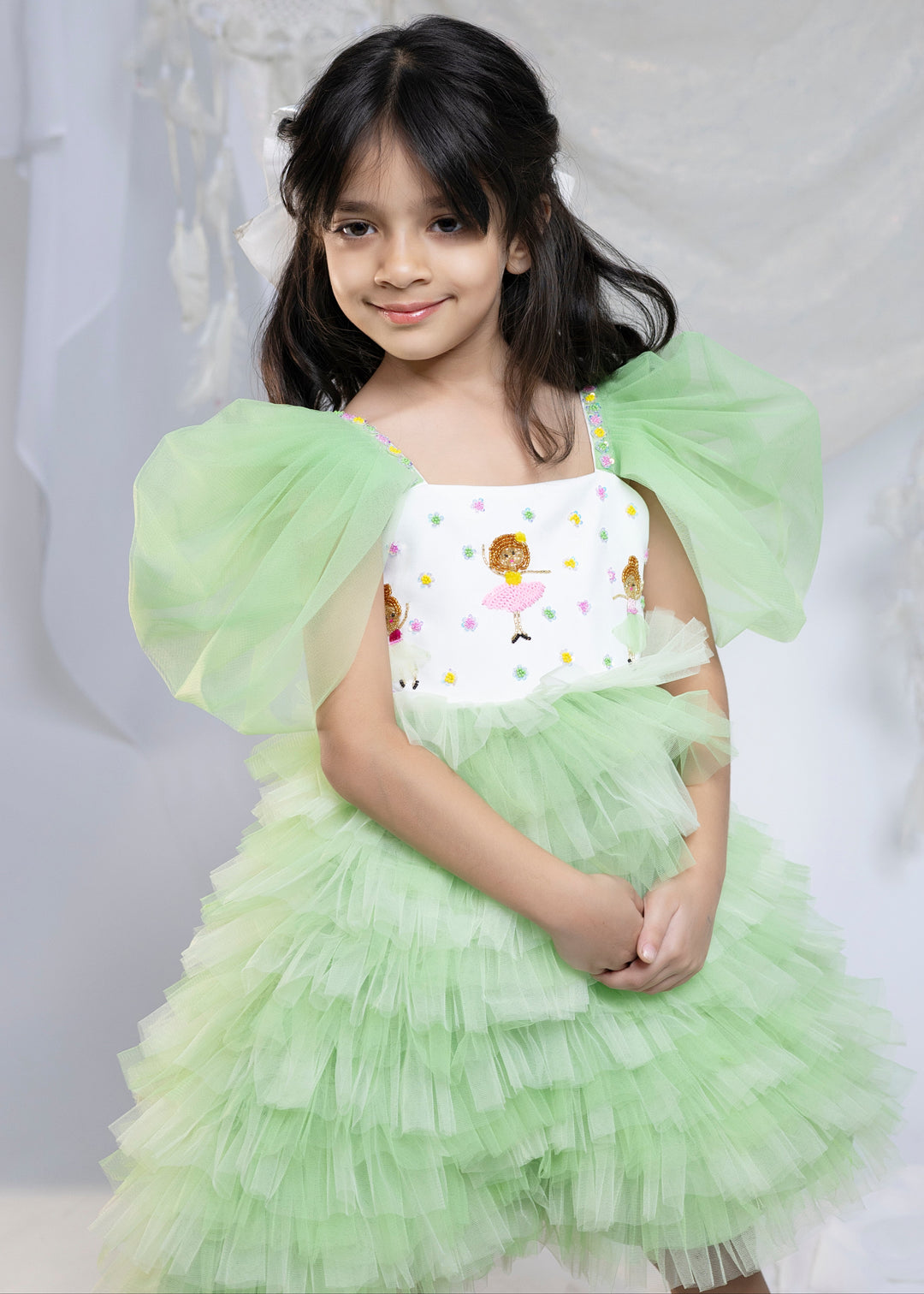Light Green Ballerina With Net Frilled Flared Dress