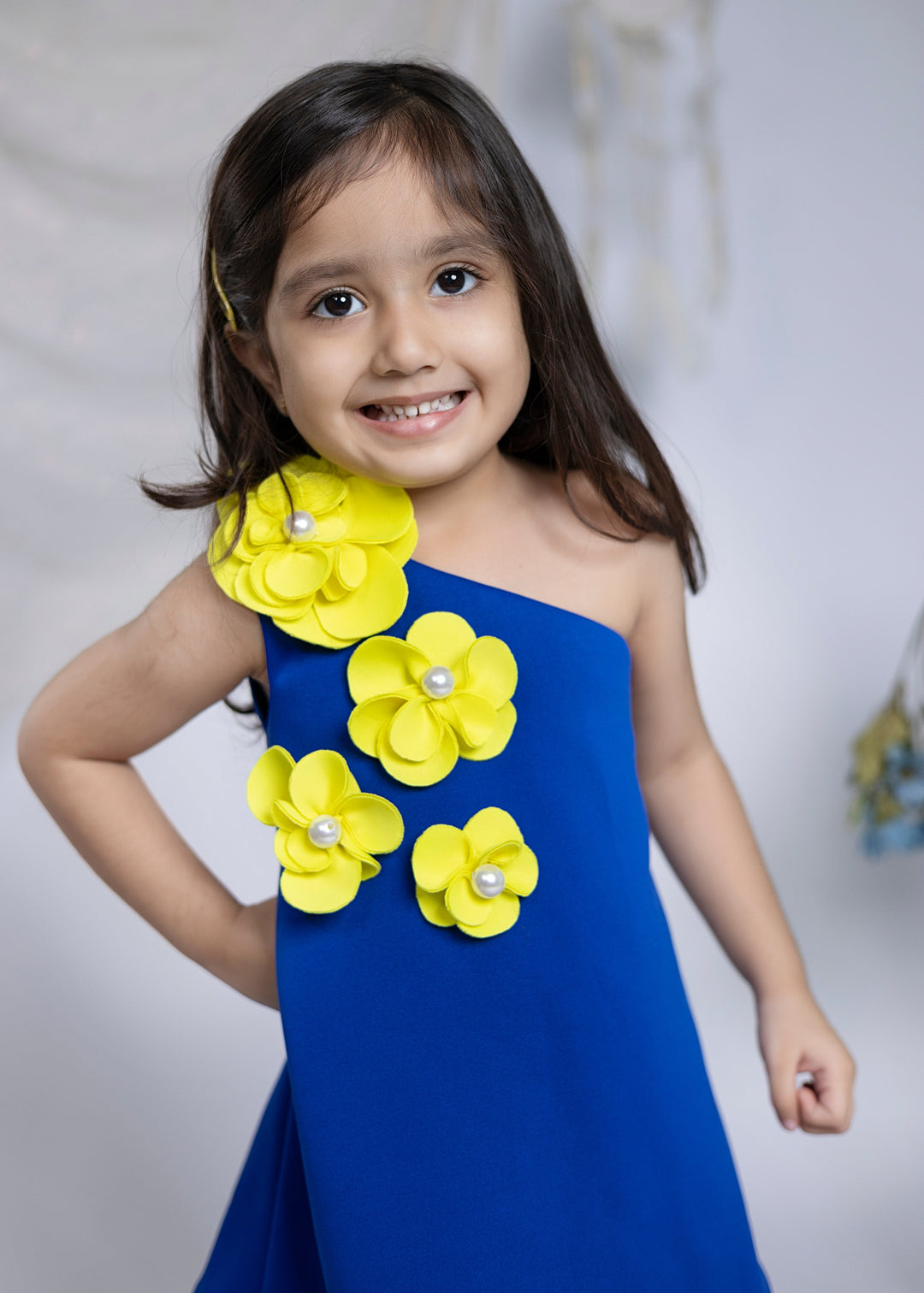 Bright Blue With Neon Green 3D Flower One Shoulder Dress