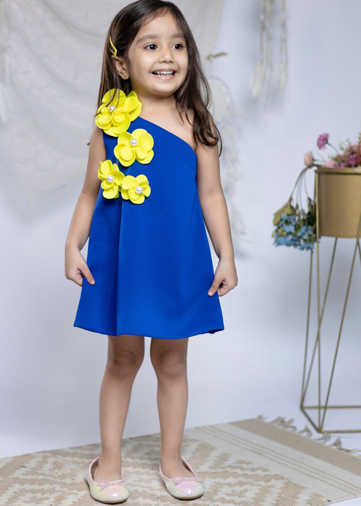 Bright Blue With Neon Green 3D Flower One Shoulder Dress