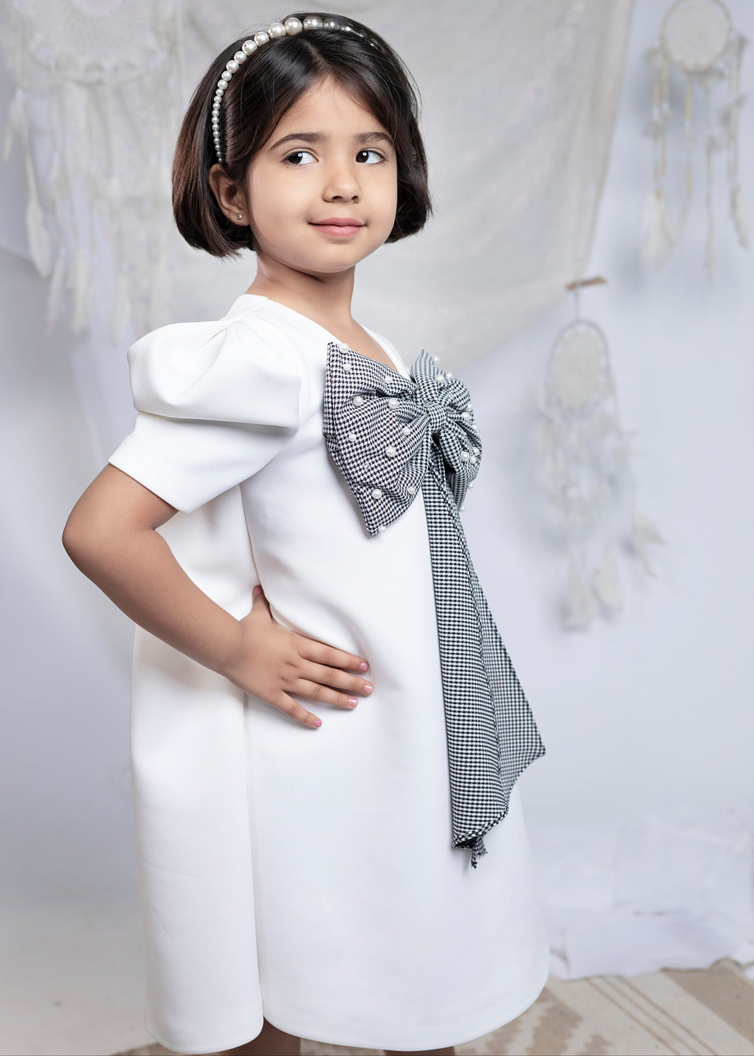 White Light Scuba Bow Chic Dress