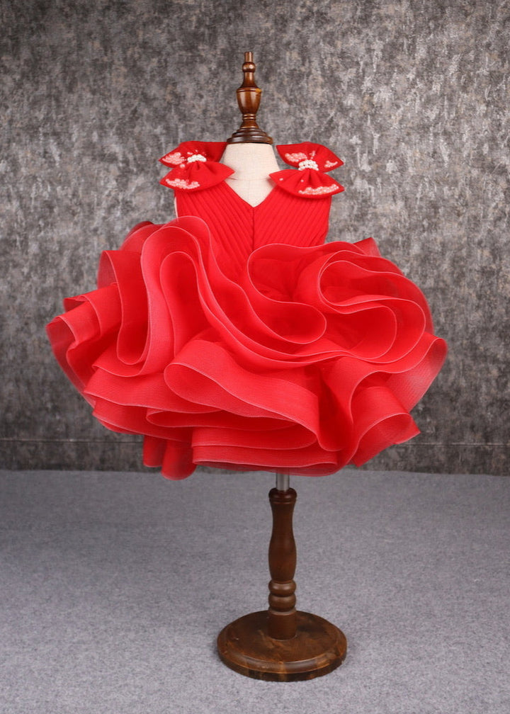 Red Stiff Hem Net Pleated Yoke Ruffle Dress
